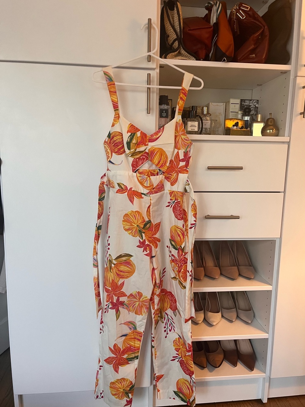 Women's Floral cotton Jumpsuit - Cream with Orange & Pink Print